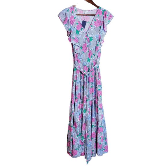 Crown & Ivy Womens Maxi Dress Size 10 Multicolor Floral Ruffle Sleeve V Neck NEW - Picture 4 of 16